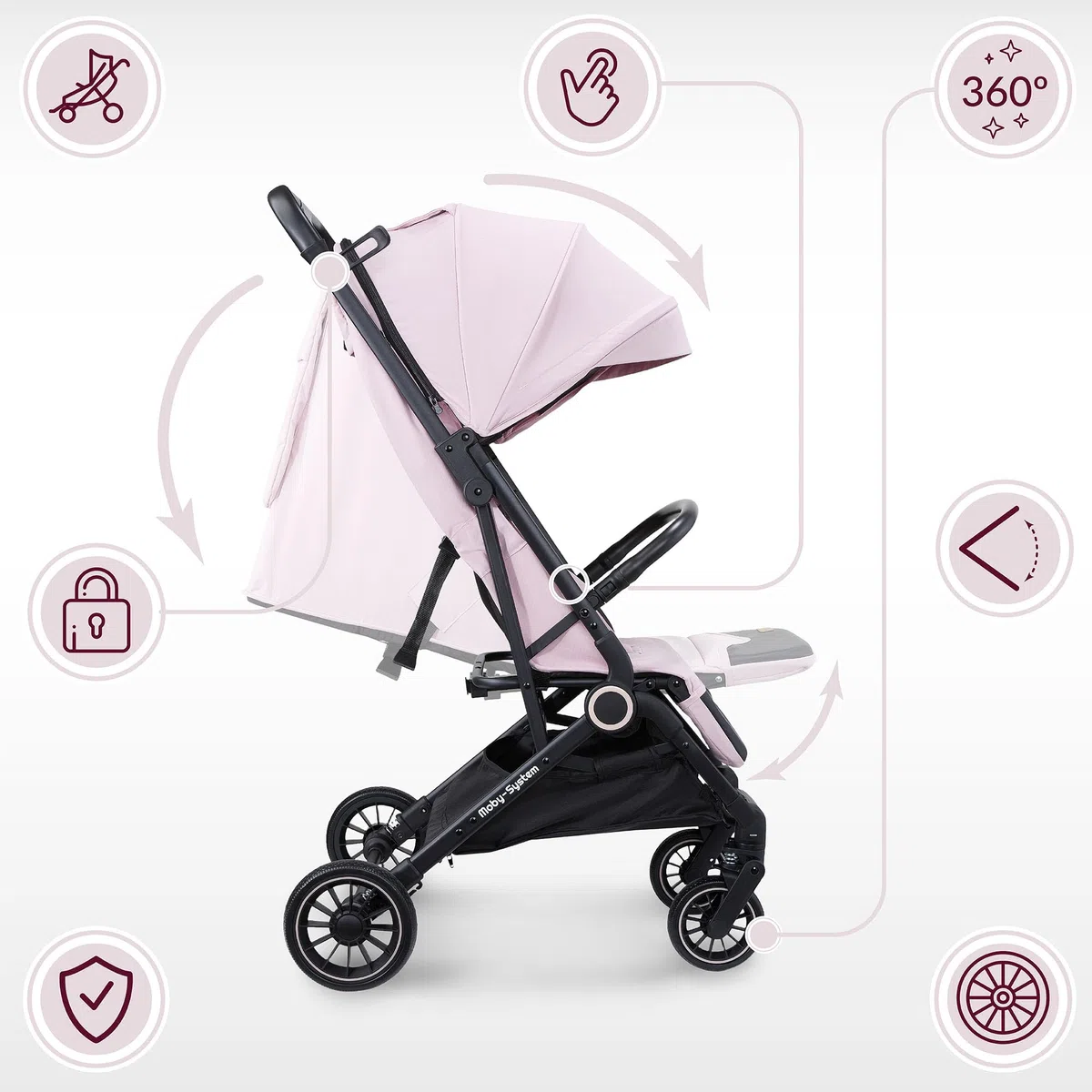 Moby-System LENA PINK PRO Passeggino Leggero con Funzione Trolley, Compatto 6–48 Mesi, Ruote EVA con Ammortizzazione, Cappottina XXL, Chiusura a Una Mano, Rosa