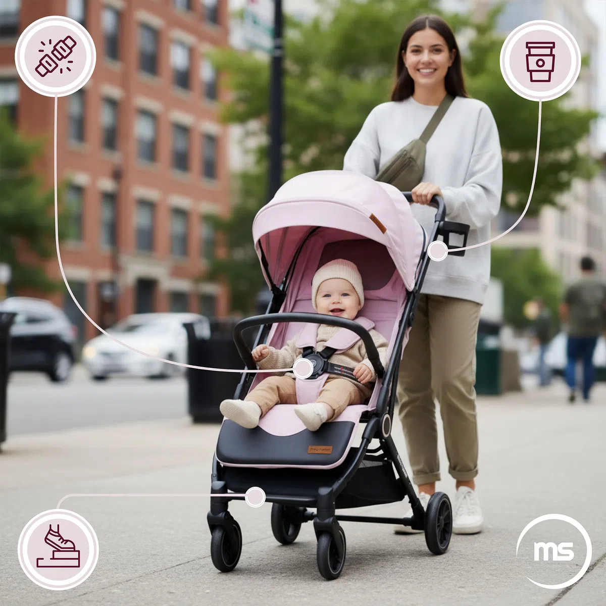 Moby-System LENA PINK PRO Passeggino Leggero con Funzione Trolley, Compatto 6–48 Mesi, Ruote EVA con Ammortizzazione, Cappottina XXL, Chiusura a Una Mano, Rosa