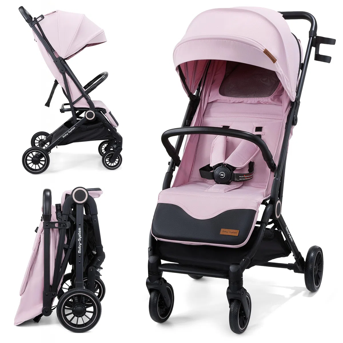 Moby-System LENA PINK PRO Passeggino Leggero con Funzione Trolley, Compatto 6–48 Mesi, Ruote EVA con Ammortizzazione, Cappottina XXL, Chiusura a Una Mano, Rosa